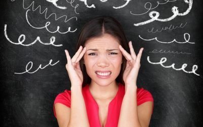 Stress - woman stressed with headache. Female stressed and worried with migraine headache pain. Blackboard concept with young female model on chalkboard black background. Asian Chinese / Caucasian.